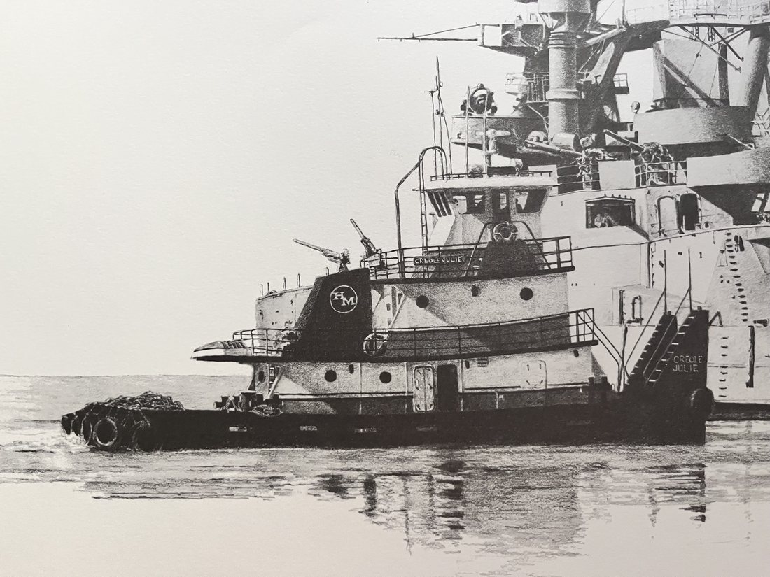 Pencil drawing of the towboat Creole Julie made up alongside the battleship Texas
